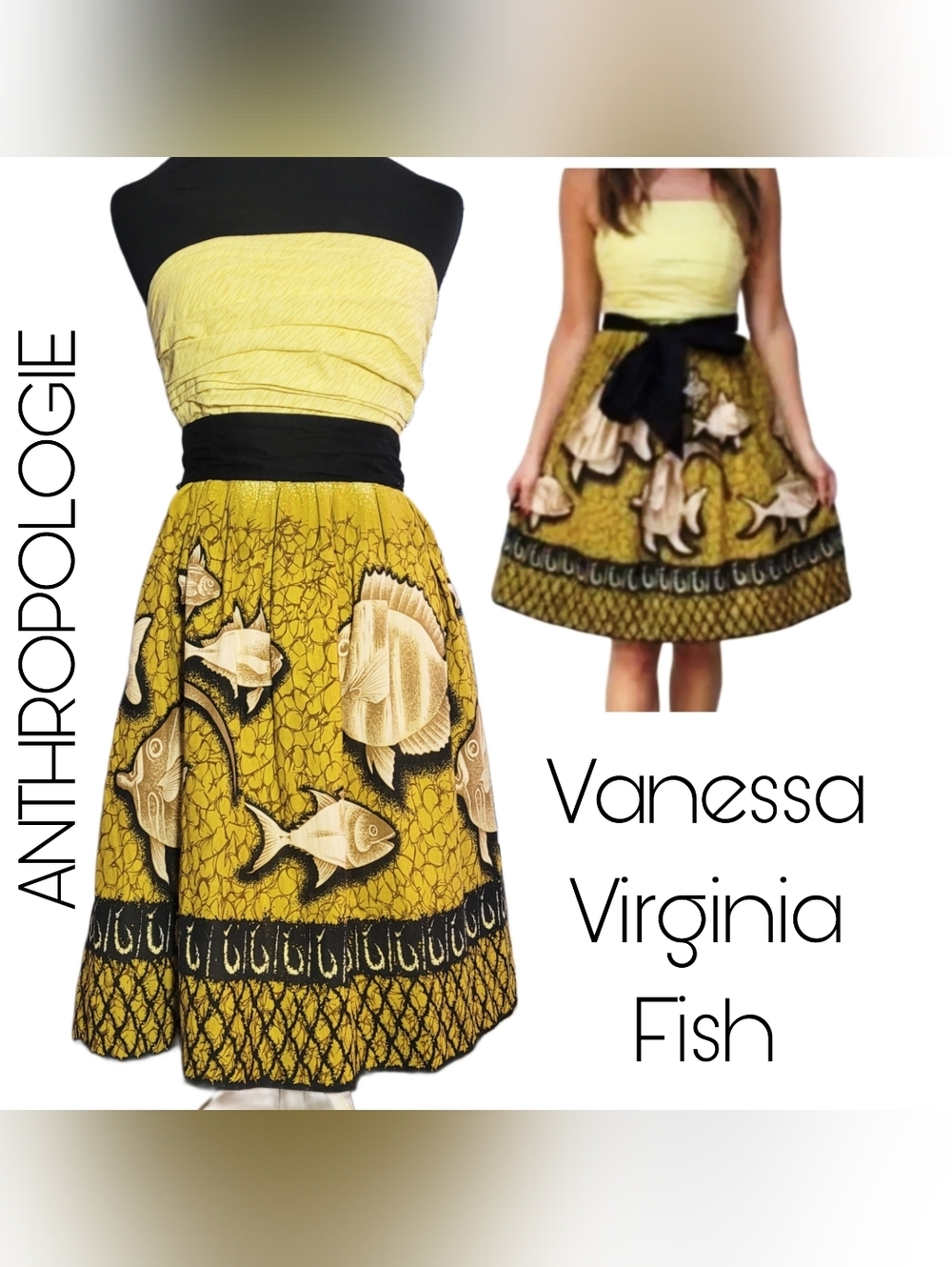 Vanessa Virginia Yellow Fish Print Strapless Skirt W/ Sash